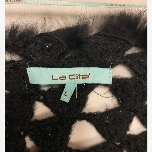 La Cite Rabbit Fur Wool Black Open Short Sleeve Cardigan Size Large - Picture 10 of 11